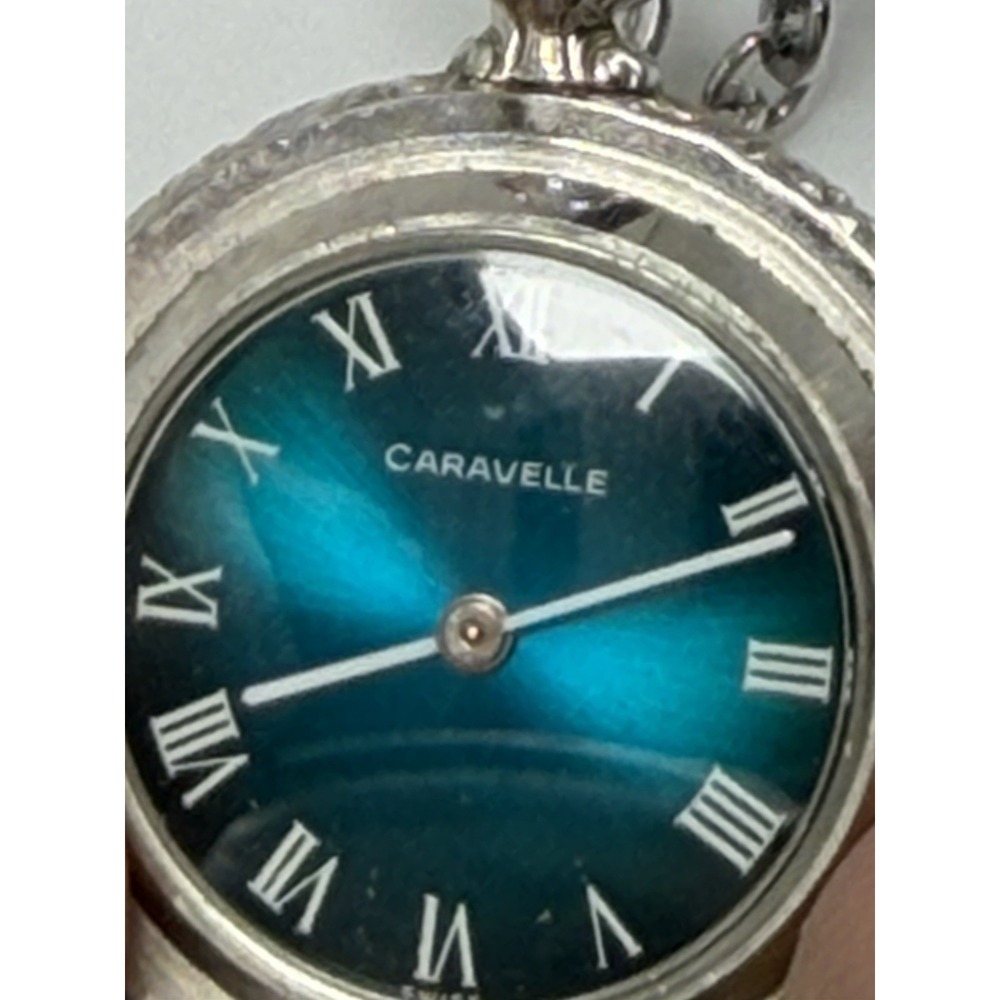 Caravelle Pocket Watch Pendant Manual Wind Swiss Working Vintage 28MM Blue Dial